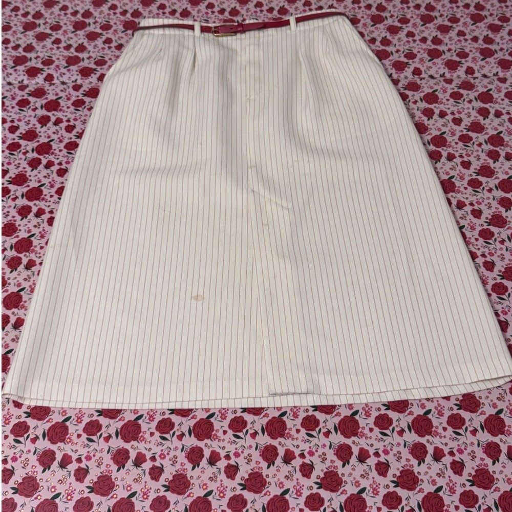 Vintage Levis Pinstripe Midi Skirt Womens 14 Cream Red Belted High Waist a3